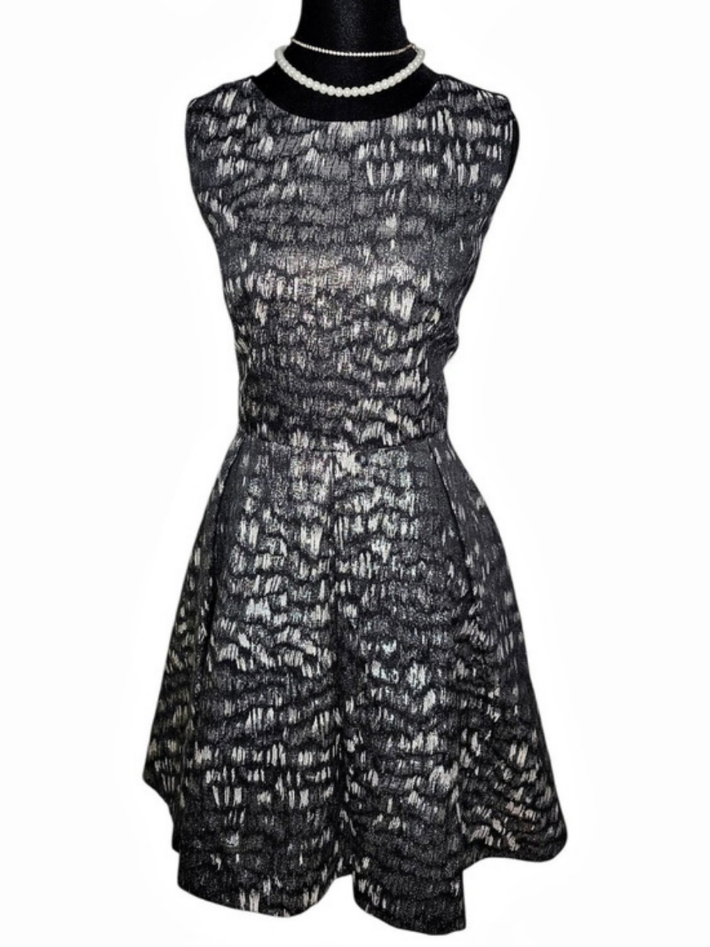 Nine West Metallic Silver Black Jacquard Fit & Flare Dress - Size 6